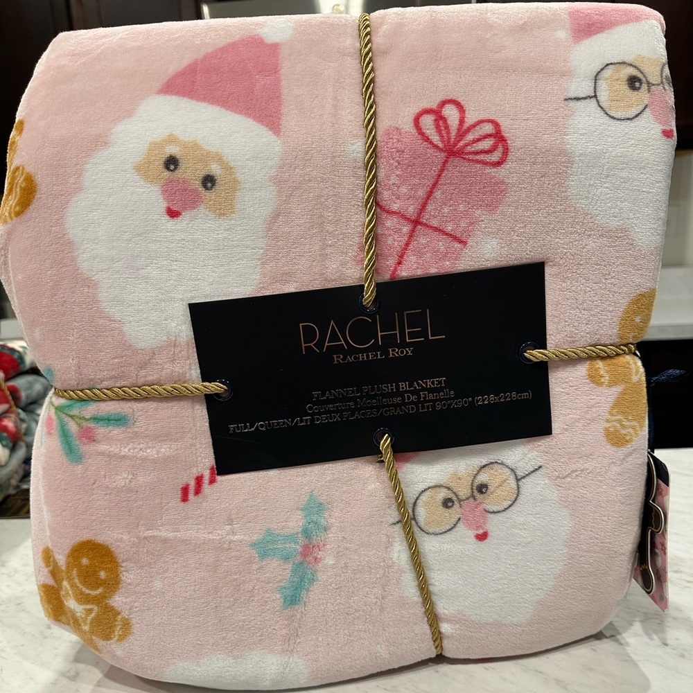 Rachel Roy Pink Santa Christmas Flannel Plush Blanket Full/Queen